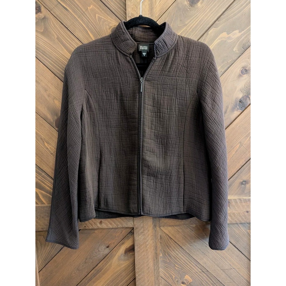 Eileen Fisher Brown Gauze Zip Up Light Fall Jacket Coat Pockets Sz S Old Money